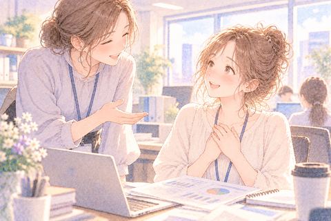 仕事の成果を褒められて喜ぶ大人の女性