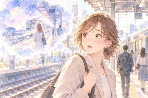 夢と同じ通勤風景に気づく女性