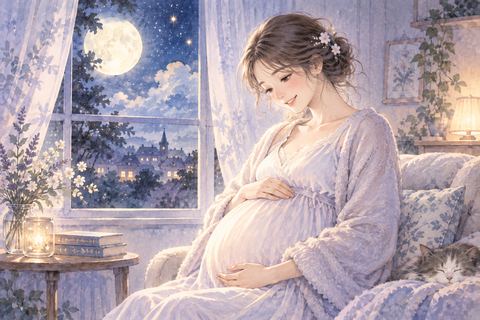 妊婦になりお腹に手を添えて微笑む女性