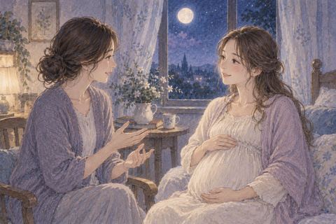 妊婦になった知り合いを見つめる女性