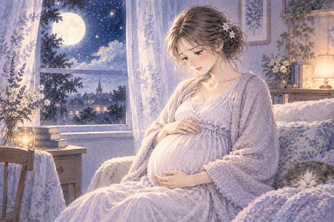 少し離れた場所から妊婦を見つめる女性