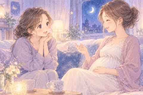 妊婦のお腹にそっと手を触れる女性