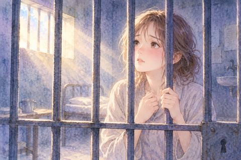 刑務所の鉄格子の内側に立つ女性