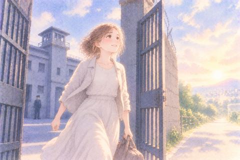 開いた刑務所の門から外へ出る女性