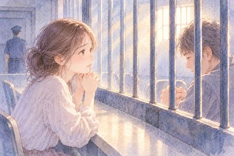 鉄格子越しの家族を心配そうに見る女性