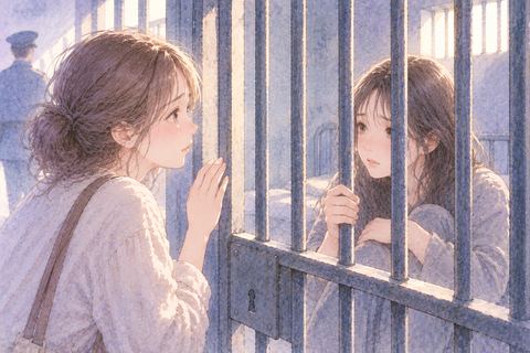 鉄格子の向こうの友達を見つめる女性