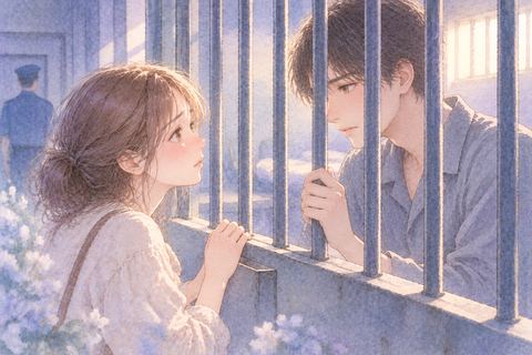 鉄格子越しに恋人を見つめる女性