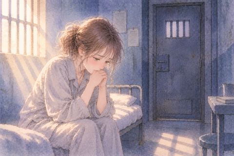 刑務所で罪の重さにうつむく女性
