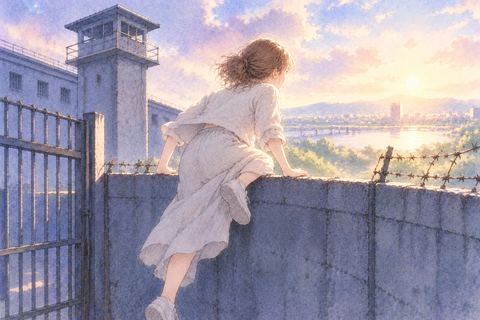 刑務所の塀を越えて外へ向かう女性