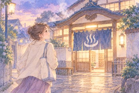 銭湯の入口へ向かって歩く大人の女性