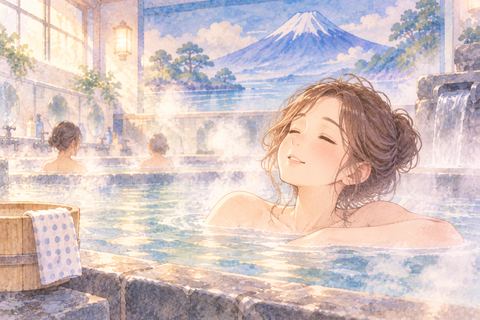 銭湯の湯船でくつろぐ大人の女性
