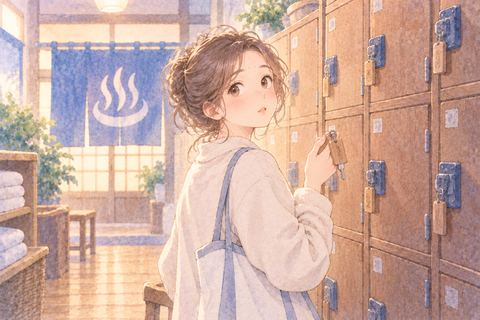 銭湯のロッカーの鍵を確かめる女性