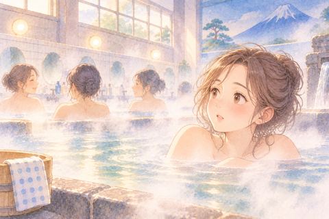 銭湯で知らない人たちを気にする女性