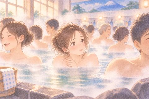 混雑した銭湯で窮屈そうにする女性