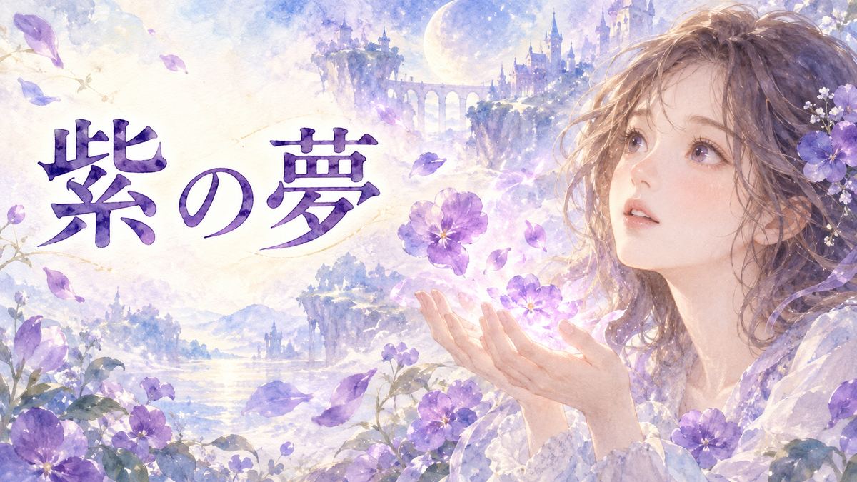 紫色の光や花を見つめる大人の女性