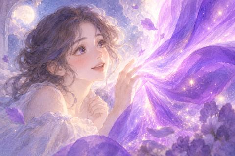 鮮やかな紫色の光に見入る大人の女性