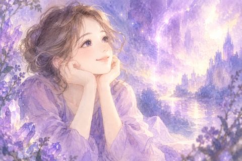 美しい紫の光に見とれる大人の女性