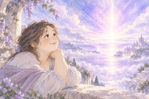 明るい紫色を穏やかに見つめる大人の女性