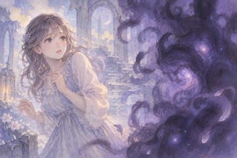 暗い紫色を前に戸惑う大人の女性