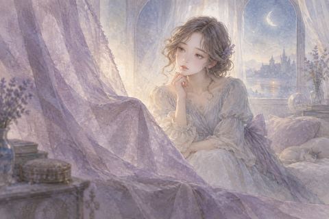 くすんだ紫色を見て考え込む大人の女性