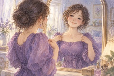 紫の服を着て鏡を見る大人の女性