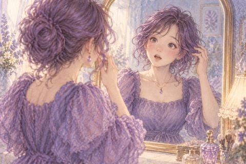 紫色の髪を鏡で確かめる大人の女性