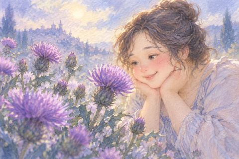 紫の花を見つめる大人の女性