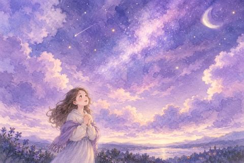 紫色に染まる空を見上げる大人の女性