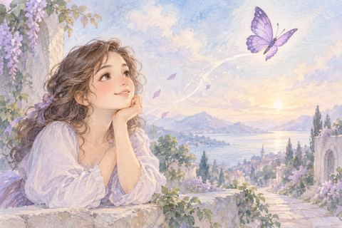 紫の蝶を目で追う大人の女性