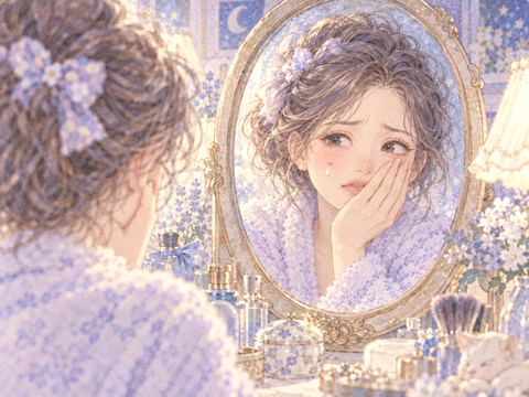 鏡に映る頬の膿を見て慌てて顔を隠す女性