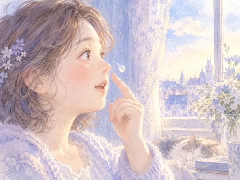 鼻から白い雫が出て驚きながら鼻に触れる女性