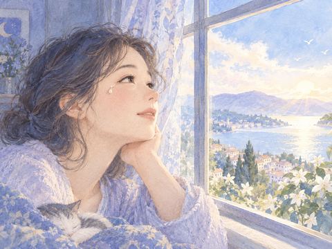 目元から白い雫が離れ明るい景色を見つめる女性