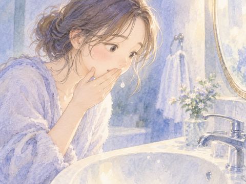 口から乳白色の雫を吐き出して驚く女性