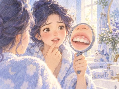 歯茎から白い雫が出るのを手鏡で確かめる女性