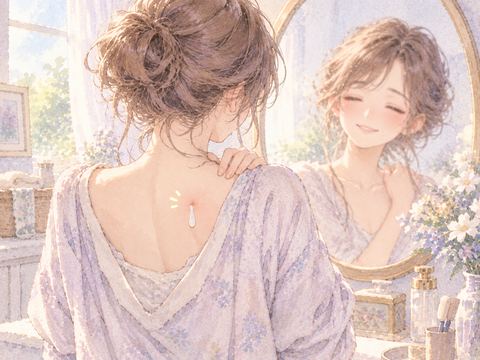 背中から白い雫が出て肩の力を抜く女性