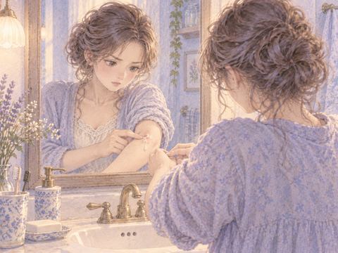 鏡の前で腕の腫れを押し膿を出そうとする女性