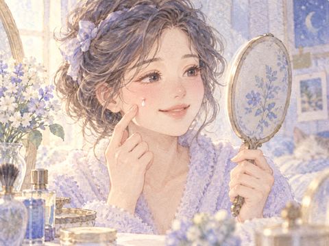 頬のニキビから白い雫が出て鏡を見る女性