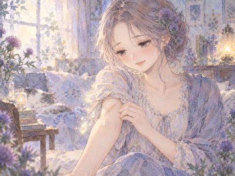 腕の古い傷跡から白い光が出るのを見つめる女性