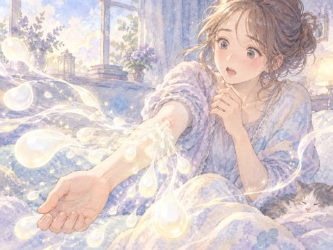 腕から大量の白い雫が流れ出て驚く女性