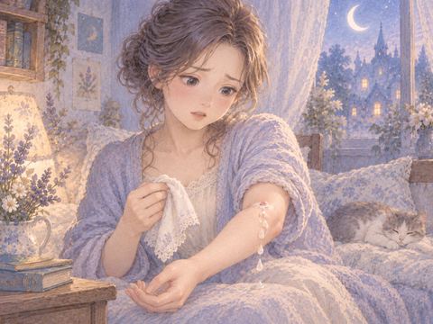 腕から白い雫が出続けて困惑する女性
