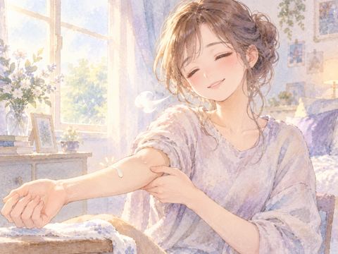 腕から白い雫が出たあと晴れやかに微笑む女性