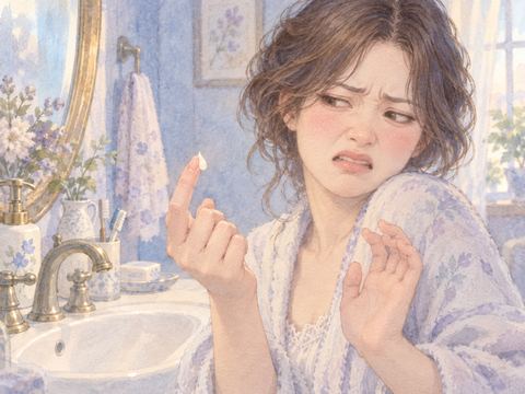 手についた白い膿を見て顔を背ける女性
