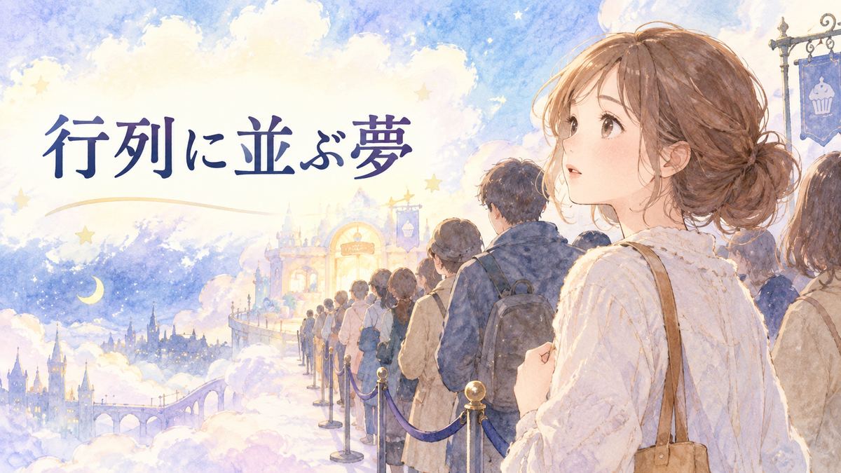 夢の行列に並び前方を見つめる大人の女性