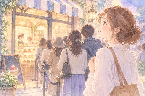 目的地を見ながら行列で順番を待つ女性