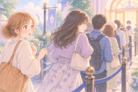 前へ割り込む人を見て戸惑う女性