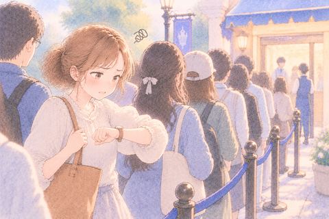 進まない行列で苛立ちながら待つ女性