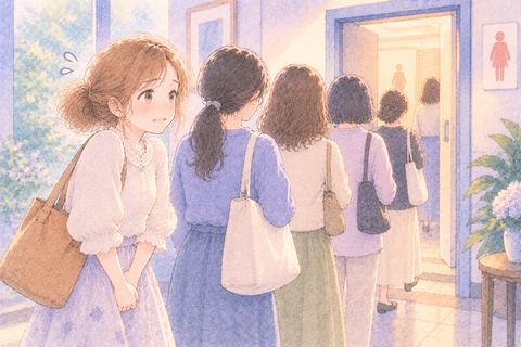 トイレ前の行列で困った様子で待つ女性