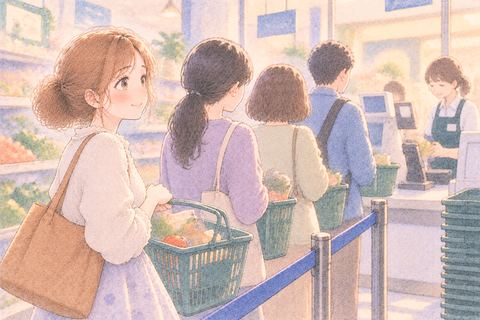 買い物かごを持ってレジの列に並ぶ女性