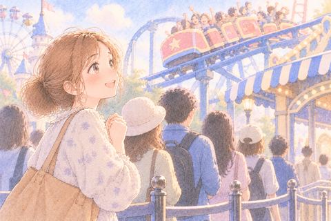 遊園地の乗り物を眺めて行列で待つ女性