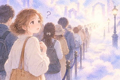 行き先の分からない行列で戸惑う女性